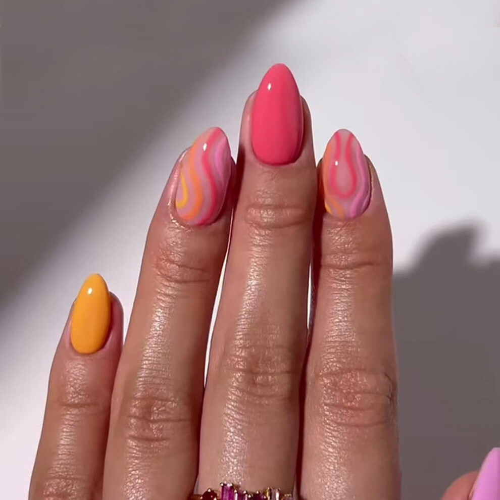 Short Almond Press On Nails Colorful Swirl Fake Nails Glossy Reusable False Nails for Women 24pcs