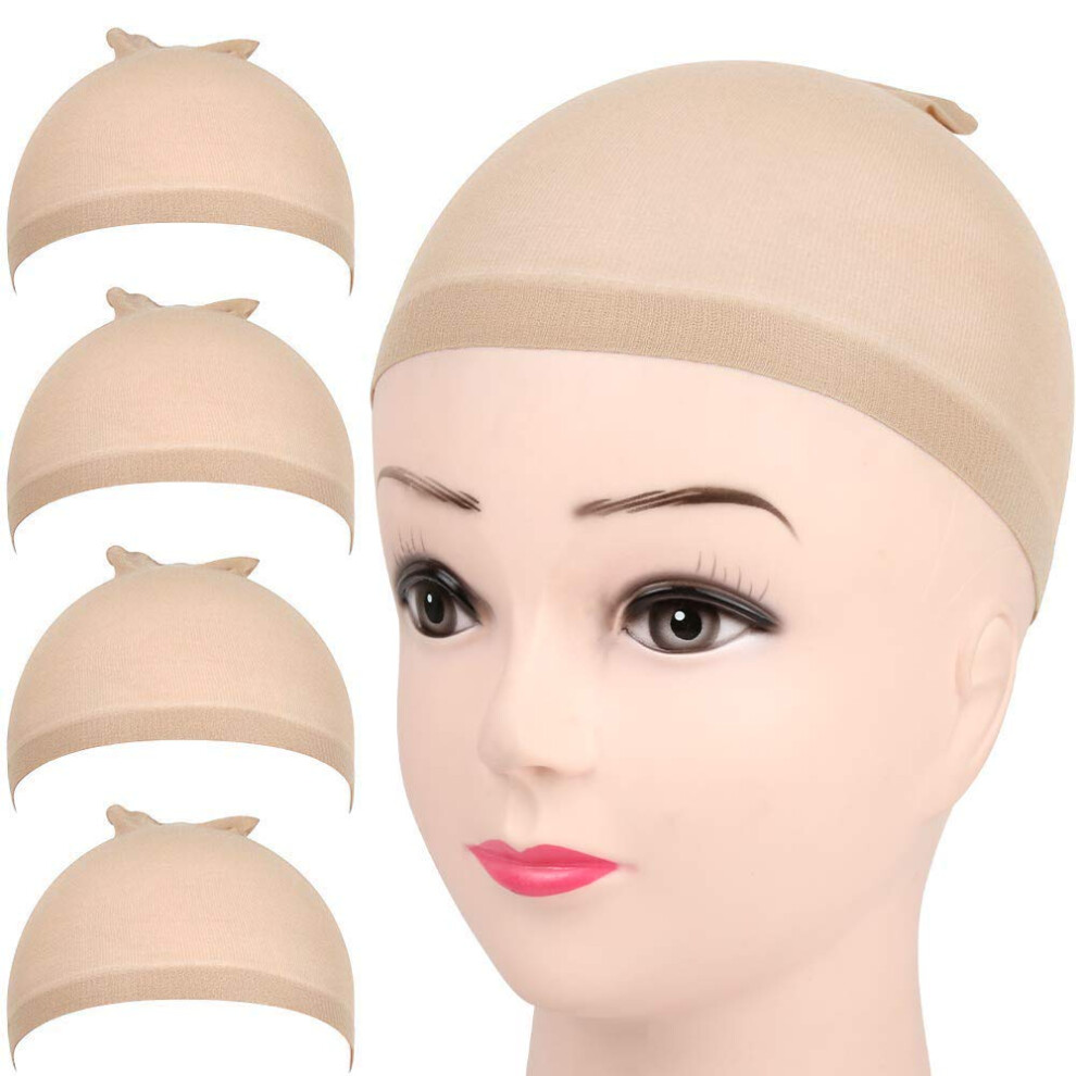 Unisex Cream 4 Pieces Stretchy Nylon Wig Caps For Women Beige With Secure Elastic Band