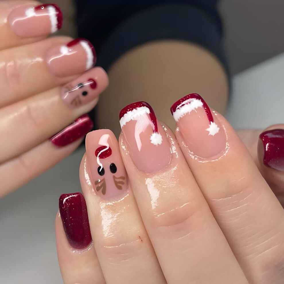 Christmas Press On Nails Set with Festive Elk Design, Short Square Holiday Acrylic Fake Nails 24Pcs