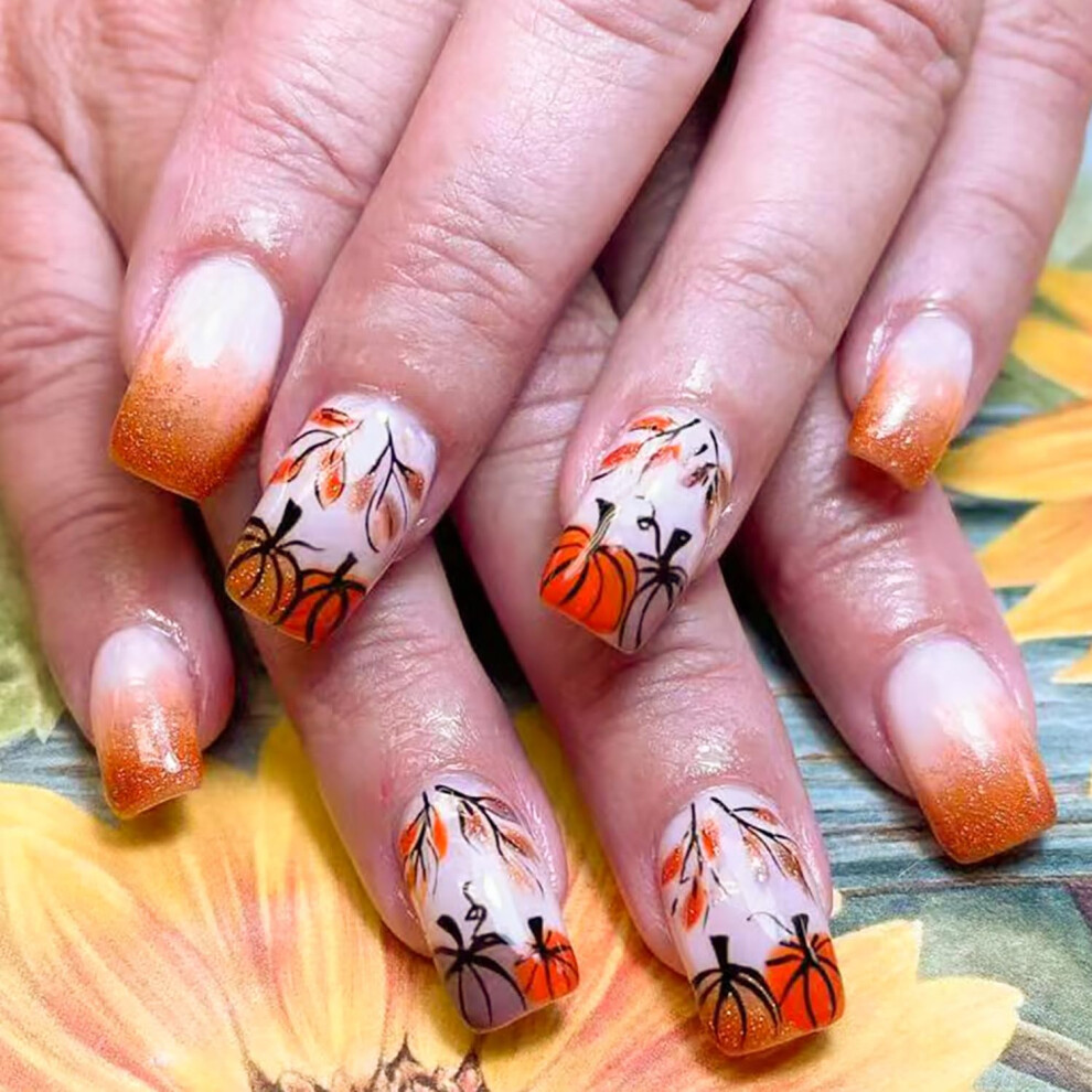 Fall Pumpkin Maple Leaf Press On Nails  Glossy Acrylic Fake Nails for Thanksgiving and Autumn