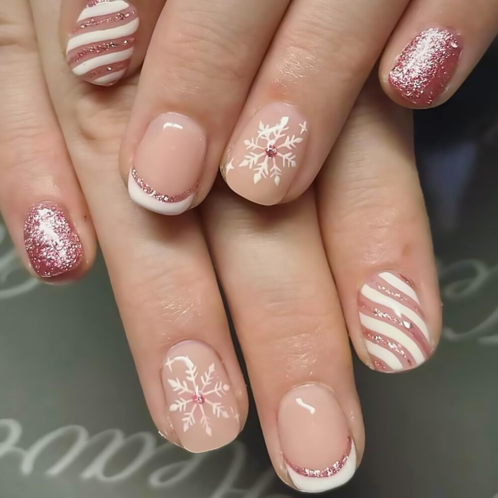 Christmas Press on Nails Short Square Fake Nails Light Purple Glitter Snowflake 24PCS Reusable