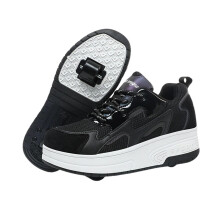 Kids Retractable Wheel Roller Skate Shoes LaceUp Breathable Mesh Sneakers Black 3 UK