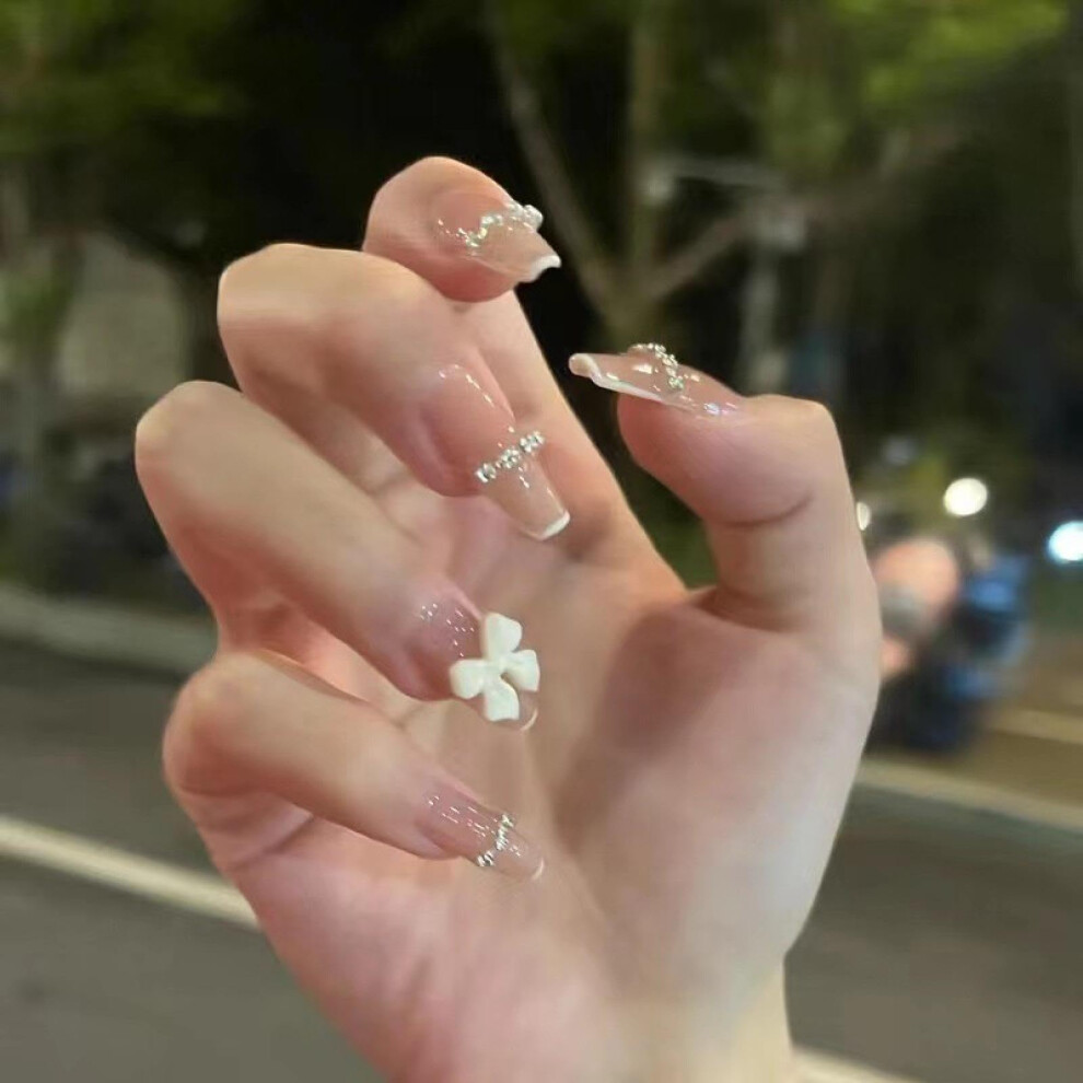 White Glitter Butterfly Press On Nails Long Coffin Fake Nail Tips With Rhinestones Glue