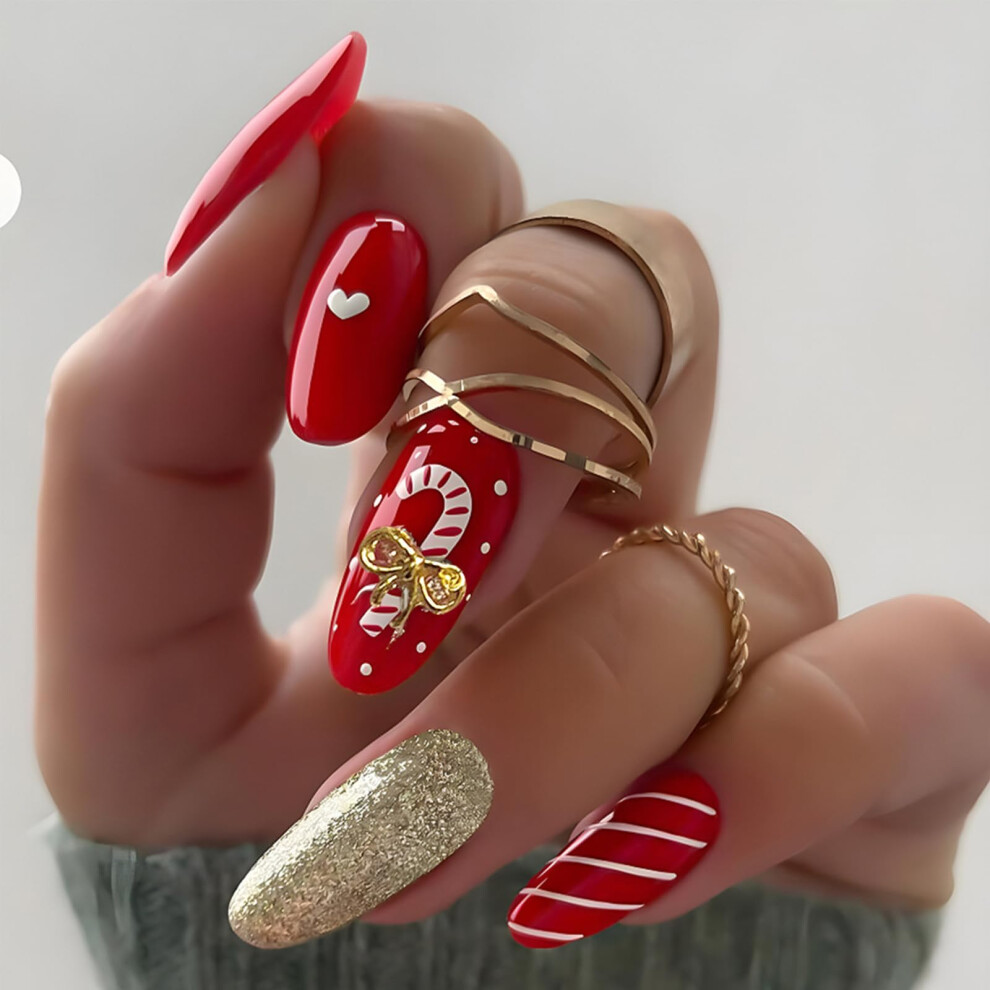 Red,Gold Christmas Almond Press On Nails With 3D Bow Rhinestones Red And Gold Glitter Reusable 24Pcs