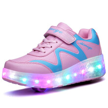 LED Roller Skates Shoes with Retractable Double Wheels, USB Rechargeable Trainers for Kids Boys Girls, Outdoor Sports Sneakers Pink 2 UK