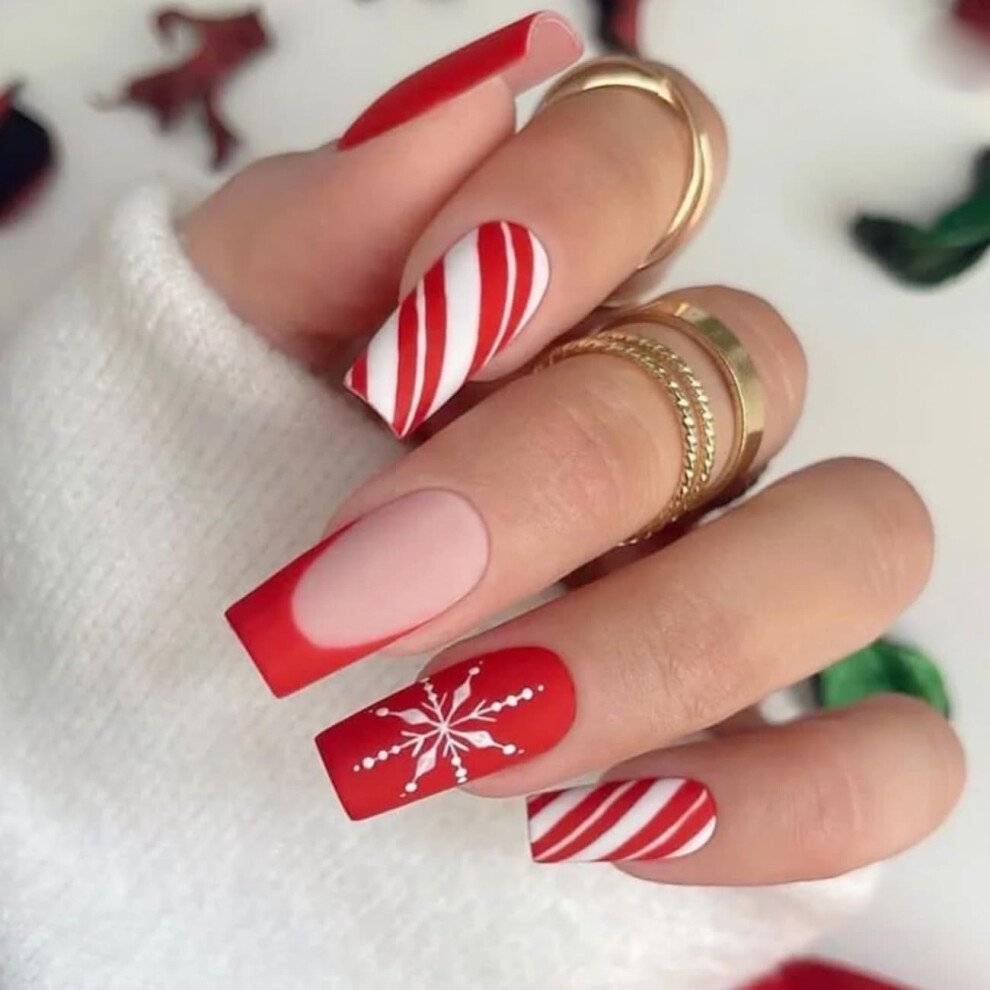 Red Christmas Press On Nails French Tips Snowflake Design Holiday Fake Nails Winter 24Pcs