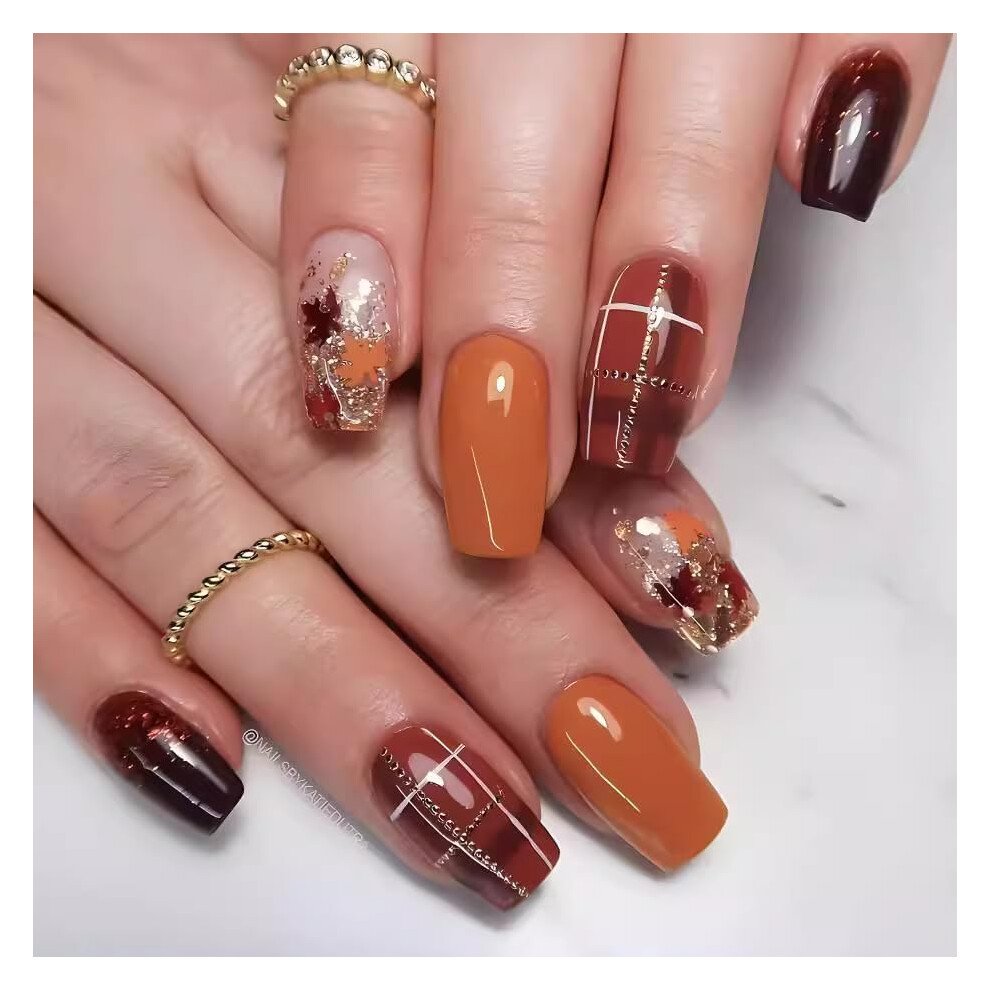 Red,Gold Medium Square Press On Nails Fall Red Fake Nails With Gold Glitter Maple Leaf Full Cover Tips For Women