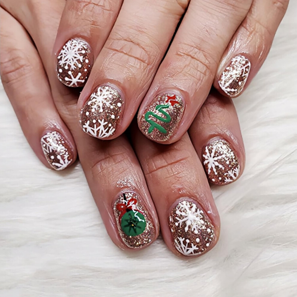 Christmas Press On Nails Set 24pcs Short Oval Fake Acrylic Nails with Tree Snowflake Glitter