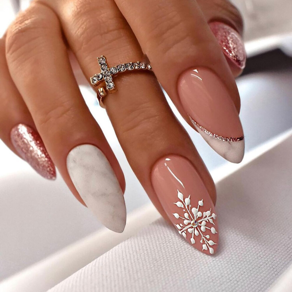 Pink Christmas Press On Nails Glitter Snowflake Almond Shape Holiday Fake Nails With Glue Tabs