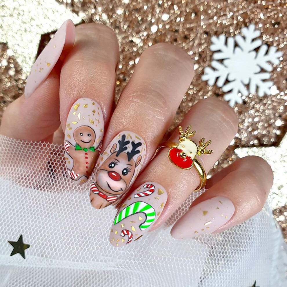Christmas Press On Nails with Glue, Almond Shape Holiday Fake Nails, Festive Elk and Candy Design
