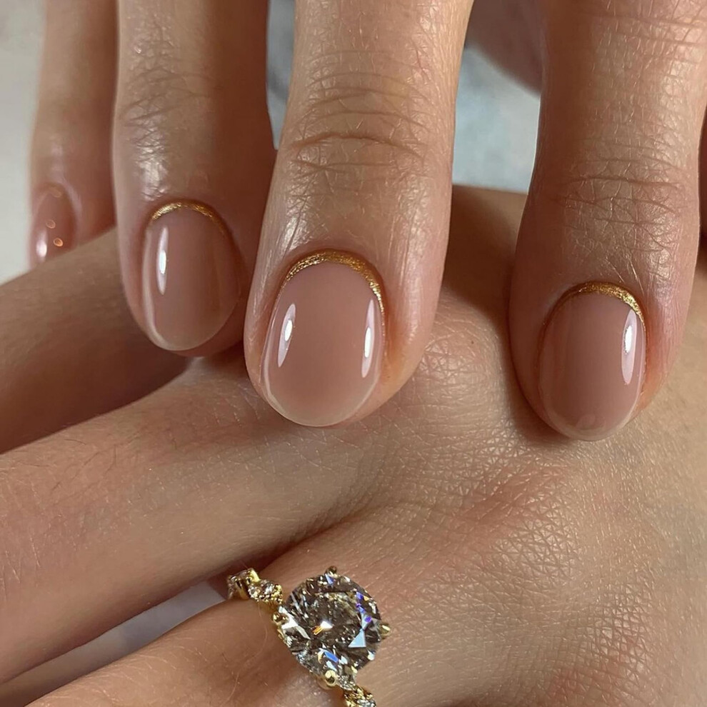 Short Oval Nude Press on Nails with Gold Glitter, Natural Acrylic Fake Nails for Women, 24pcs Set