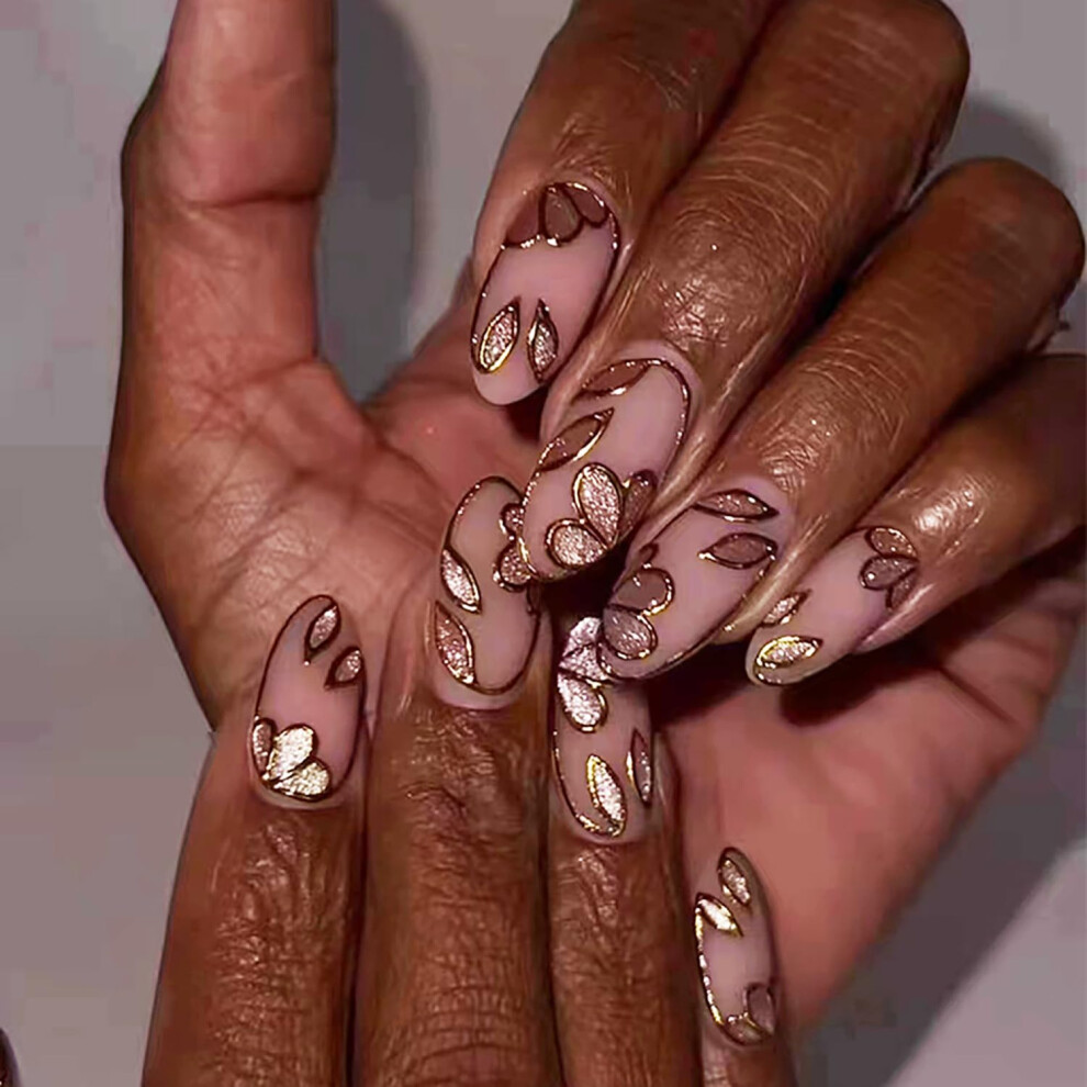 Medium Almond Press On Nails Set with Gold Line and Butterfly Design, 24 Pcs Reusable False Nails