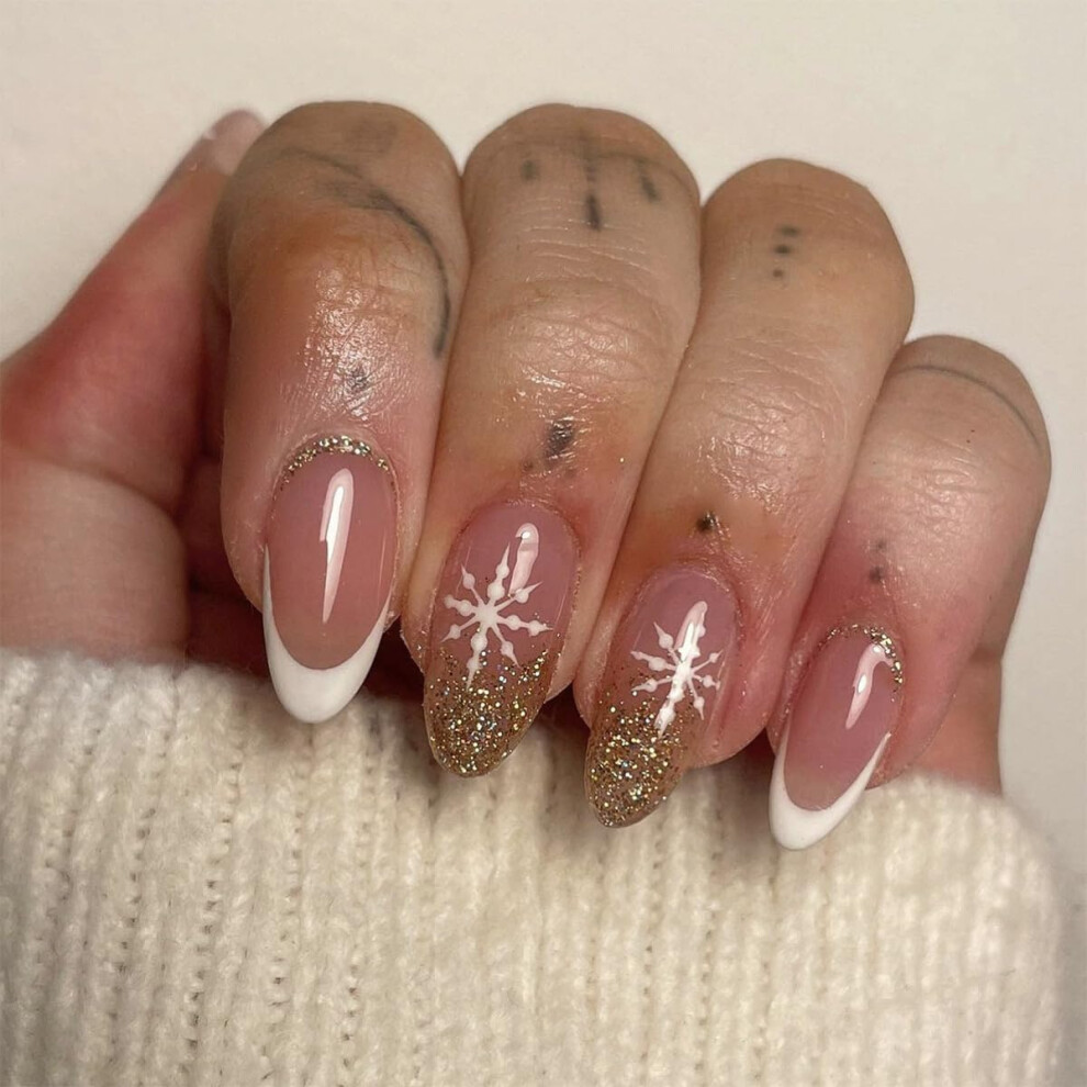Christmas Almond Press On Nails with Gold Glitter Snowflake Design Medium Fake Nails for Women