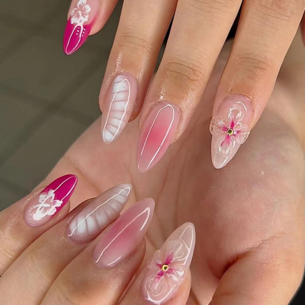 Cream 3D Floral Nude French Press On Nails Medium Fake Nails With Rhinestones Salonstyle 24Pcs Kit
