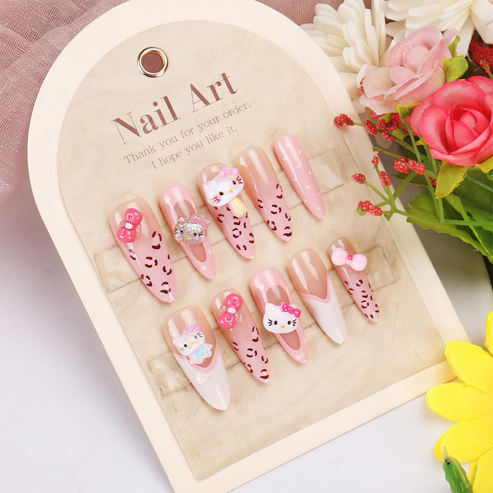 Pink Leopard Print Press On Nails Long Almond French Tip Fake Nails With Bow Charms 30Pcs Set