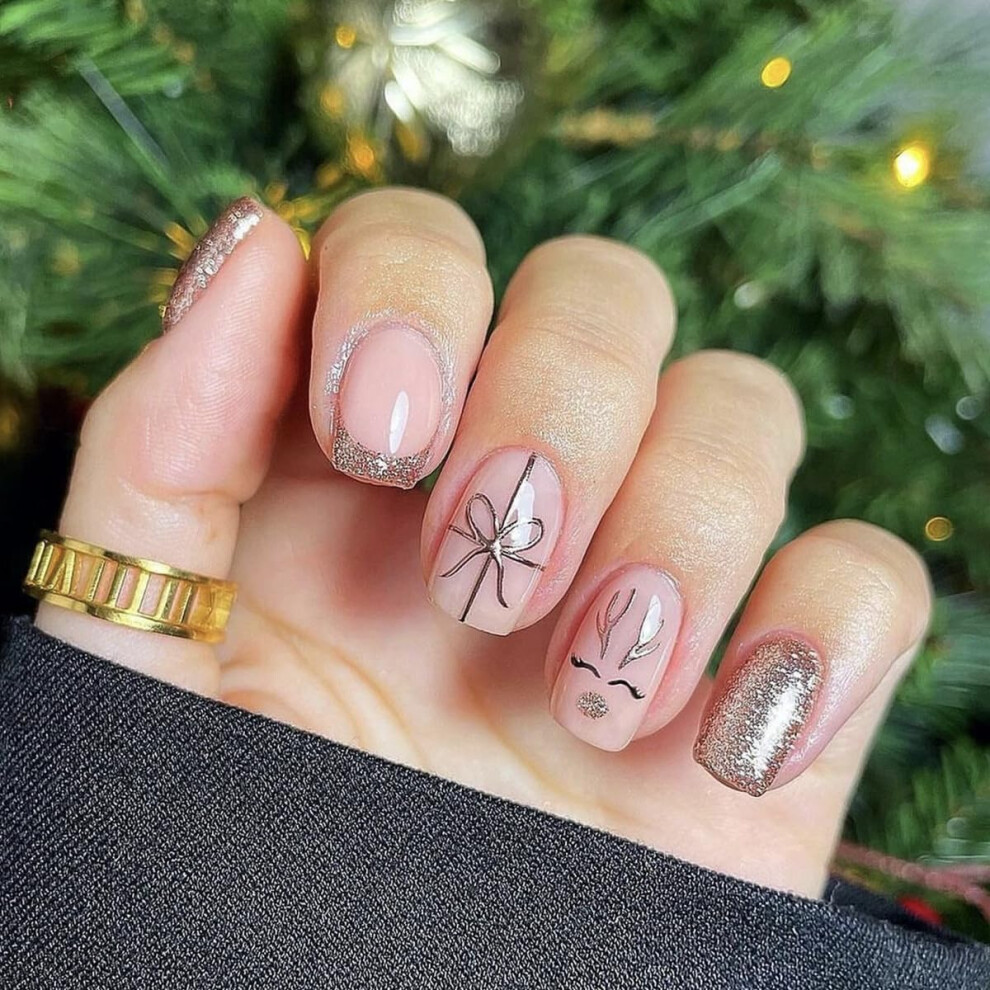 Christmas Press On Nails Short Square Nude Glitter Fake Nails with Festive Elk and Bow Designs 24PCS