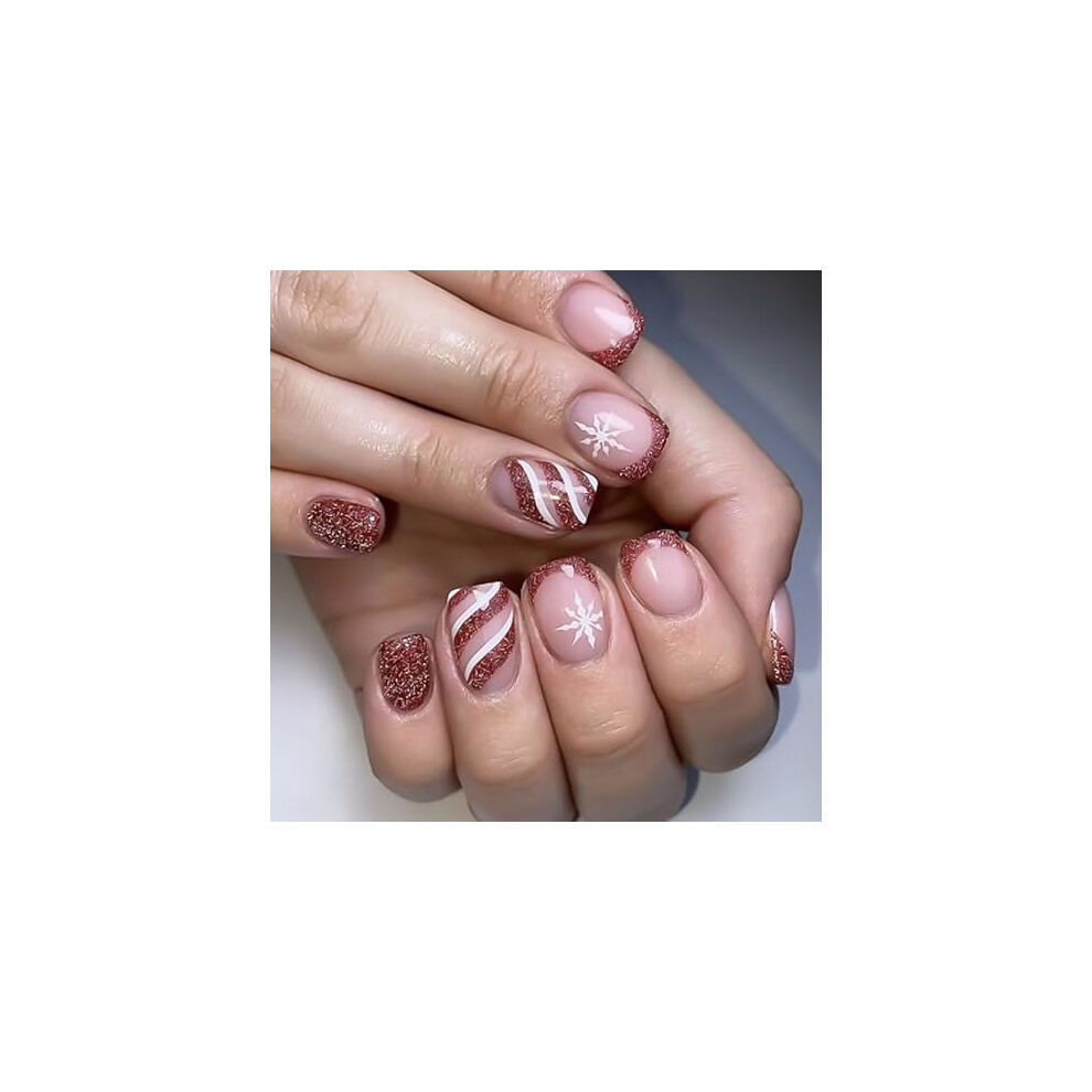 Red Christmas Press On Nails 24Pcs Glitter French Tip Snowflake Short Square False Nails With Glue