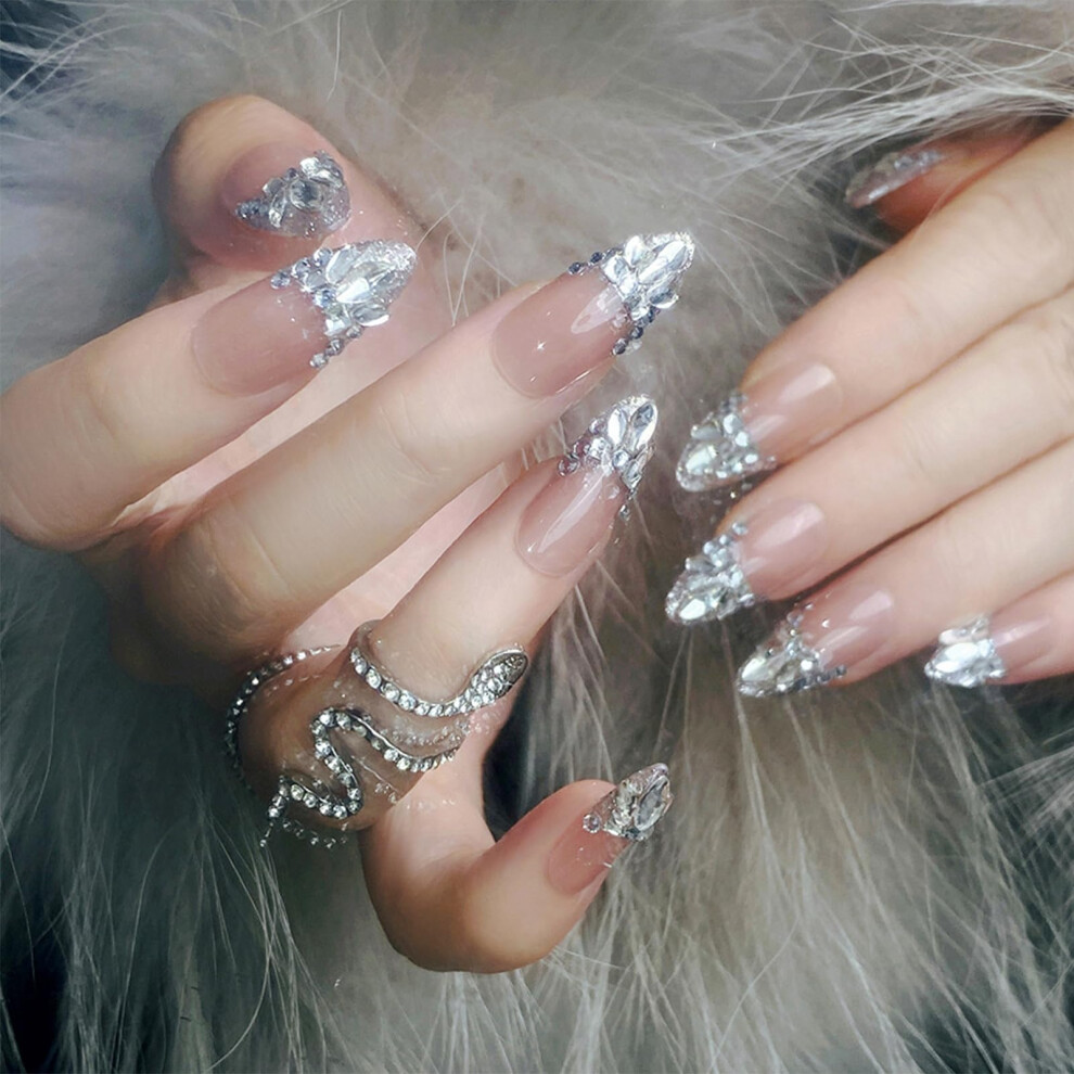 Medium Almond Press On Nails with Silver Glitter French Tips and Rhinestone Design, 24 Pcs