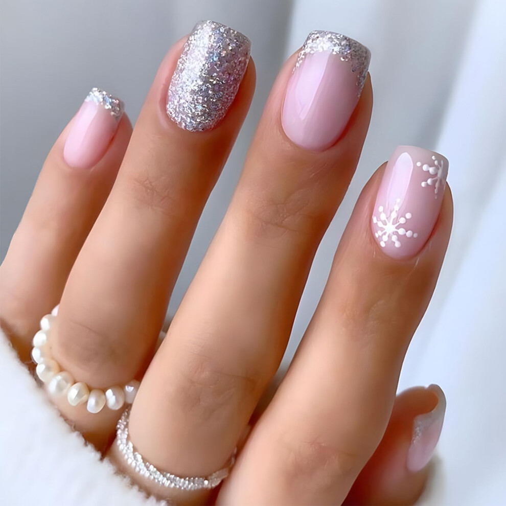 Christmas Press on Nails Set Short Square Snowflake Glitter Fake Nails Reusable GlueOn 24Pcs