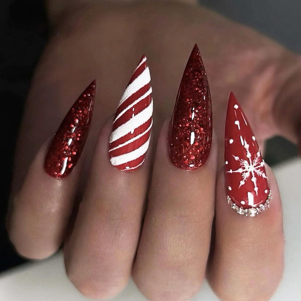 Long Stiletto Press On Nails Red Glitter Snowflake Design Acrylic Christmas Fake Nails with Glue 30pcs