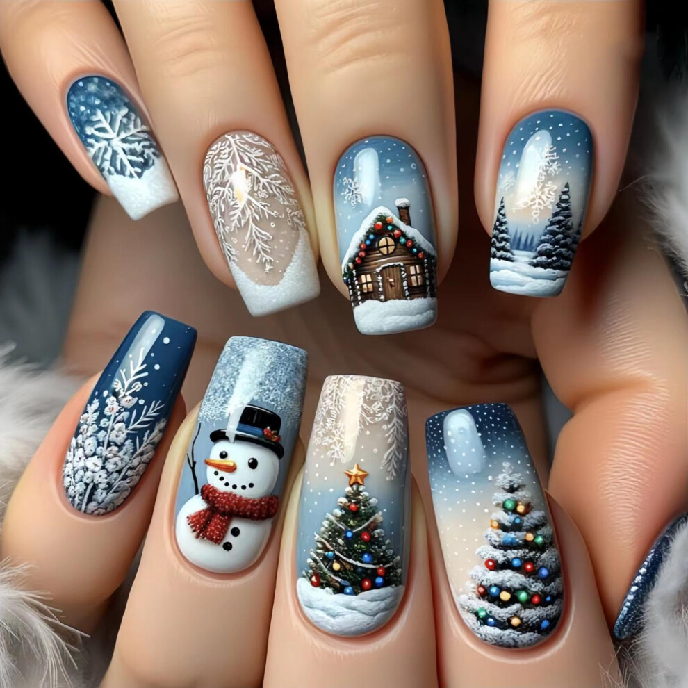 Blue,White Christmas Press On Nails Blue White Coffin Shape With Snowman Snowflake Design Reusable 24Pcs