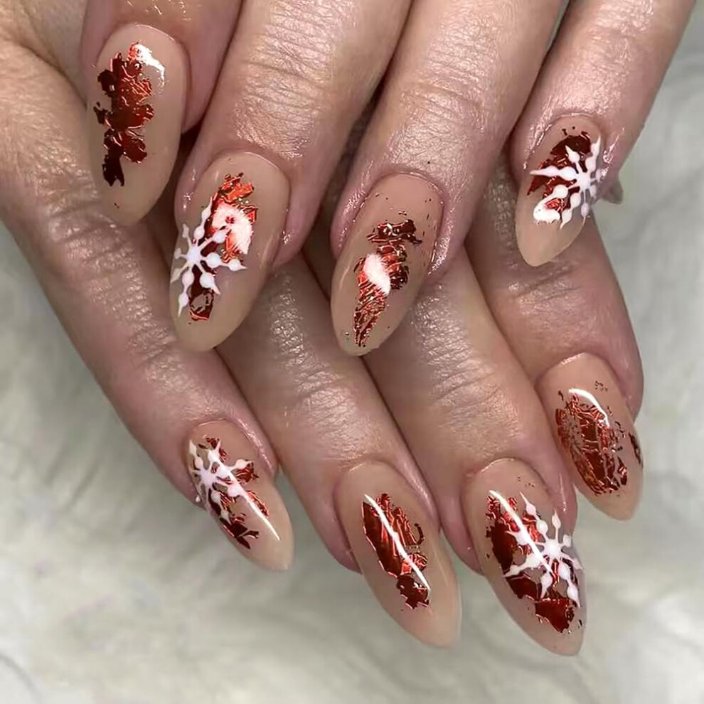 Red Christmas Press On Nails Glitter Snowflake Almond Fake Nails Full Cover Set 24Pcs