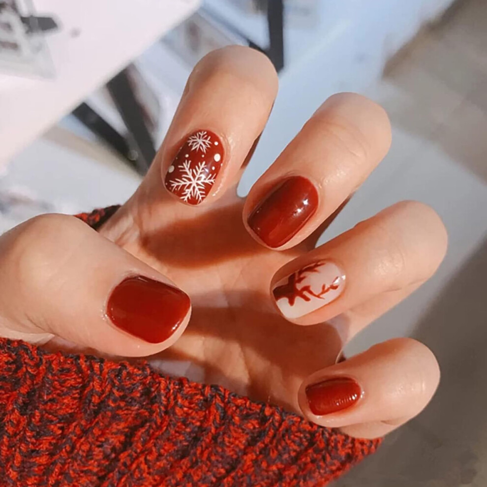 Red Snowflake Press On Nails Short Oval Glossy Christmas Fake Nails Set Reusable 24Pcs