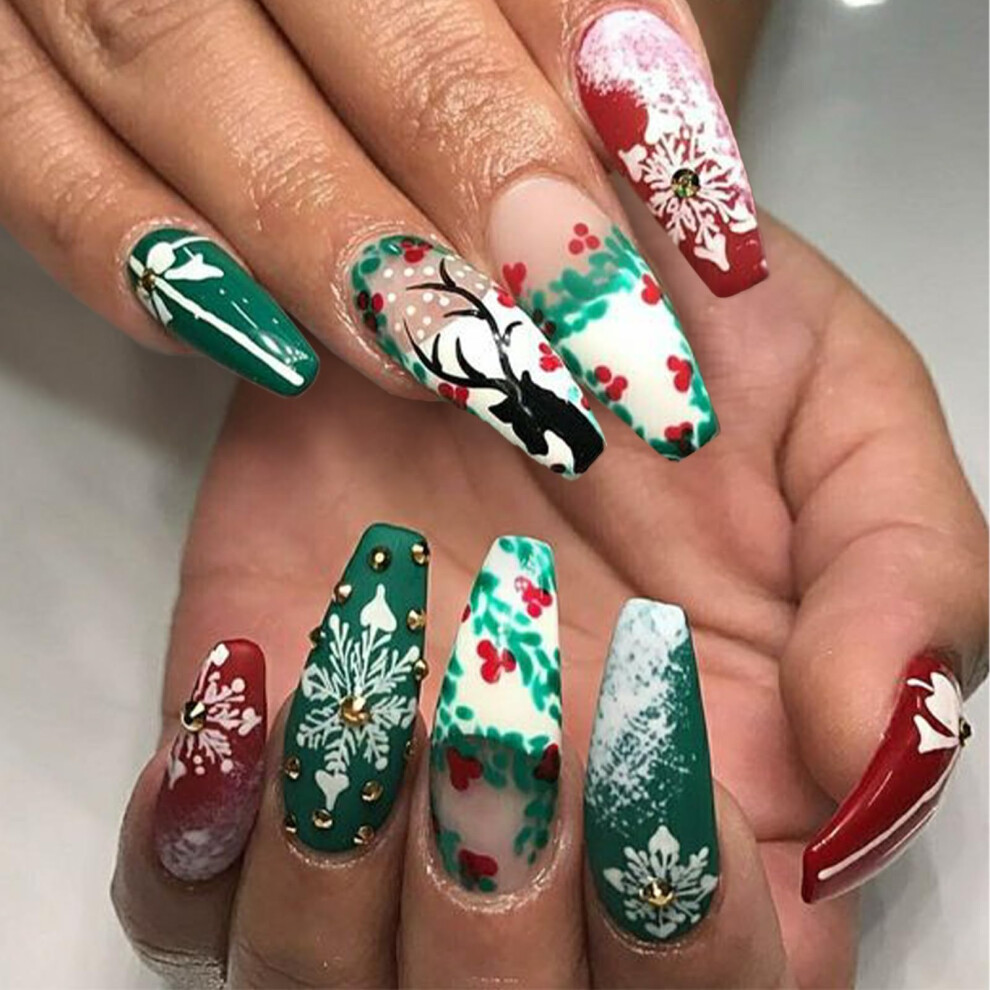 Green,Red Stiletto Press On Nails Red Green Snowflake Christmas Reusable Fake Acrylic Nails For Women 24Pcs