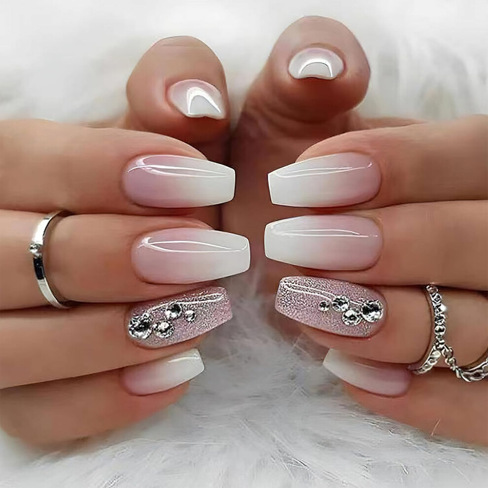 Pink Ombre Press On Nails Medium Square Acrylic Fake Nails With Rhinestones Glitter 24Pcs Reusable