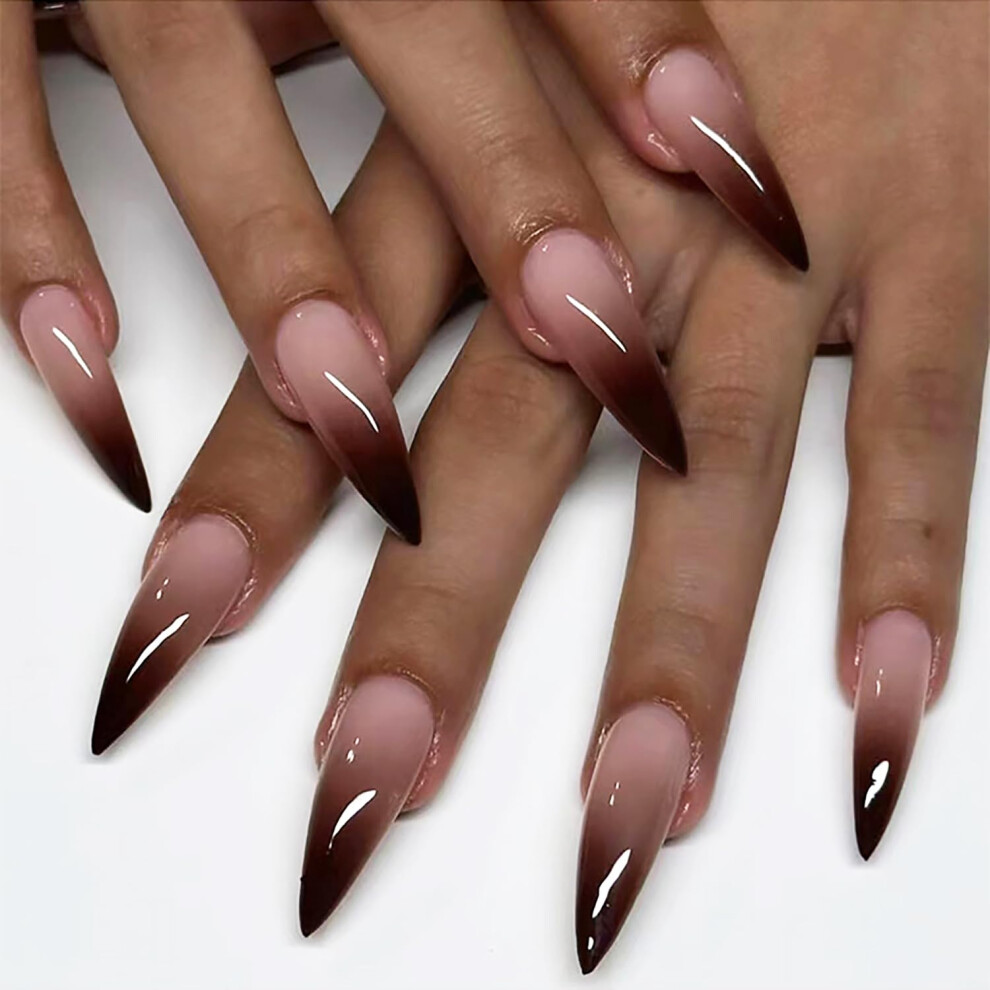 Long Stiletto Press on Nails French Gradient Fake Nails Reusable Acrylic Full Cover 24Pcs Brown