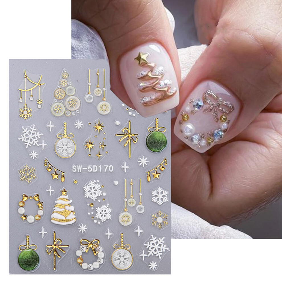 Christmas Nail Stickers 5D Embossed Snowflake and Tree SelfAdhesive Pearl Garland Nail Decals