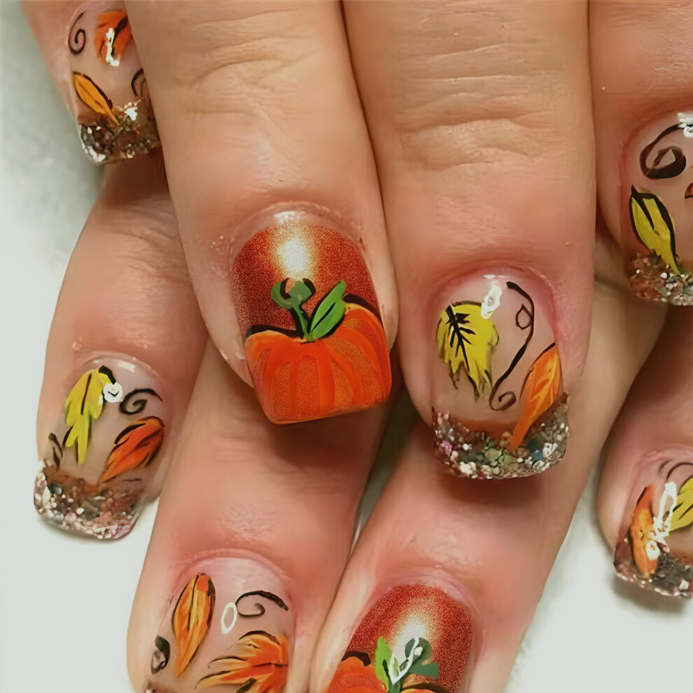 Orange Short Square Press On Nails With Maple Leaf Design Fall Fake Nails For Thanksgiving