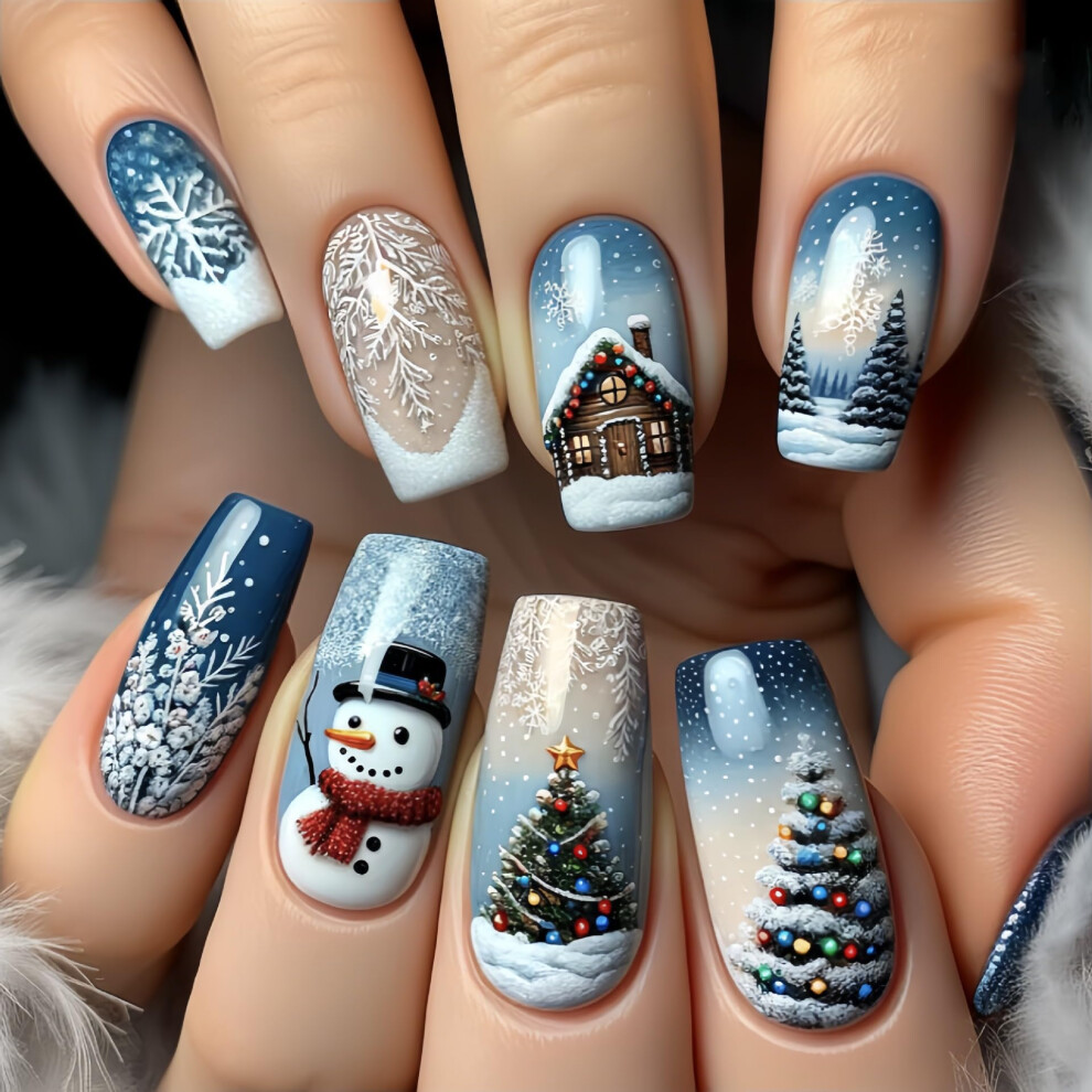 Blue Christmas Coffin Press On Nails Winter Snowflake Fake Nails Set With 24Pcs Reusable Adhesive