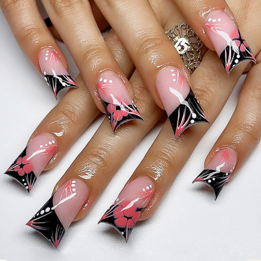 Press On Nails Long Duckbill Shape with Glue, Reusable Fake Nails Kit for Women 24pcs Color 11