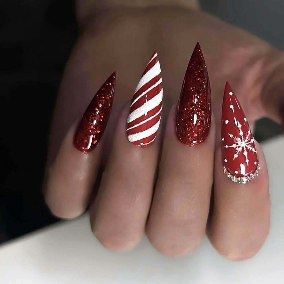 Red Christmas Glitter Press On Nails Set Medium Almond Shape With Snowflake Design, 24Pcs Reusable