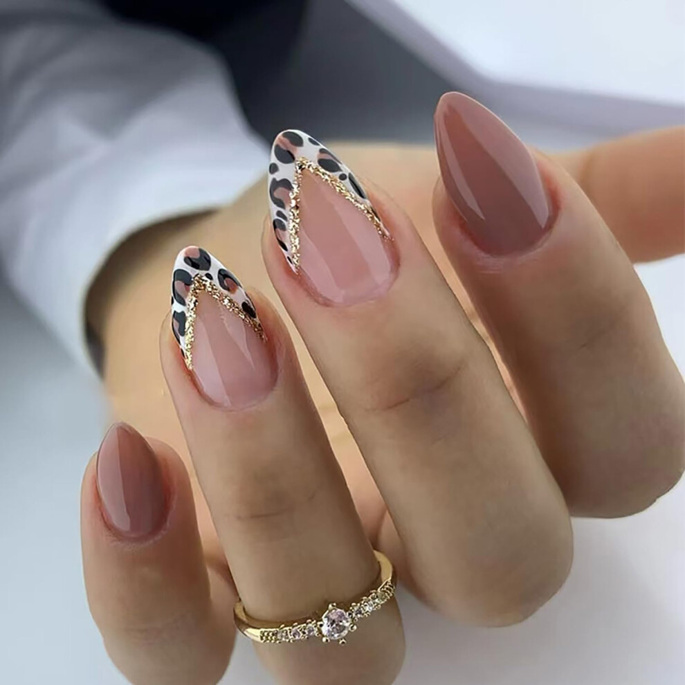 Leopard French Tip Press On Nails Short Almond False Nails with Gold Foil Design for Women