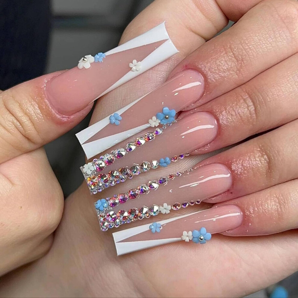 French Press On Nails with Rhinestones Rectangular Glitter Fake Nails Set 24pcs