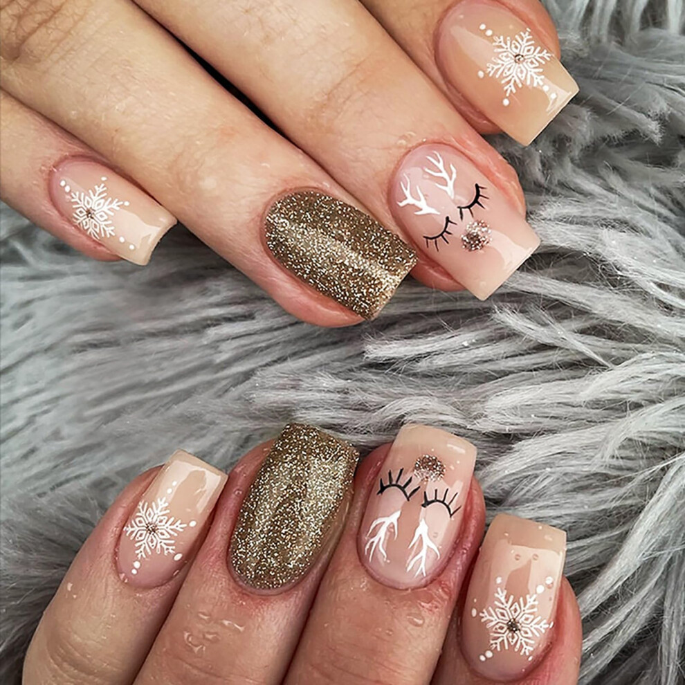 Christmas Press On Nails with Snowflake and Elk, Reusable Glitter Holiday Fake Nails for Women
