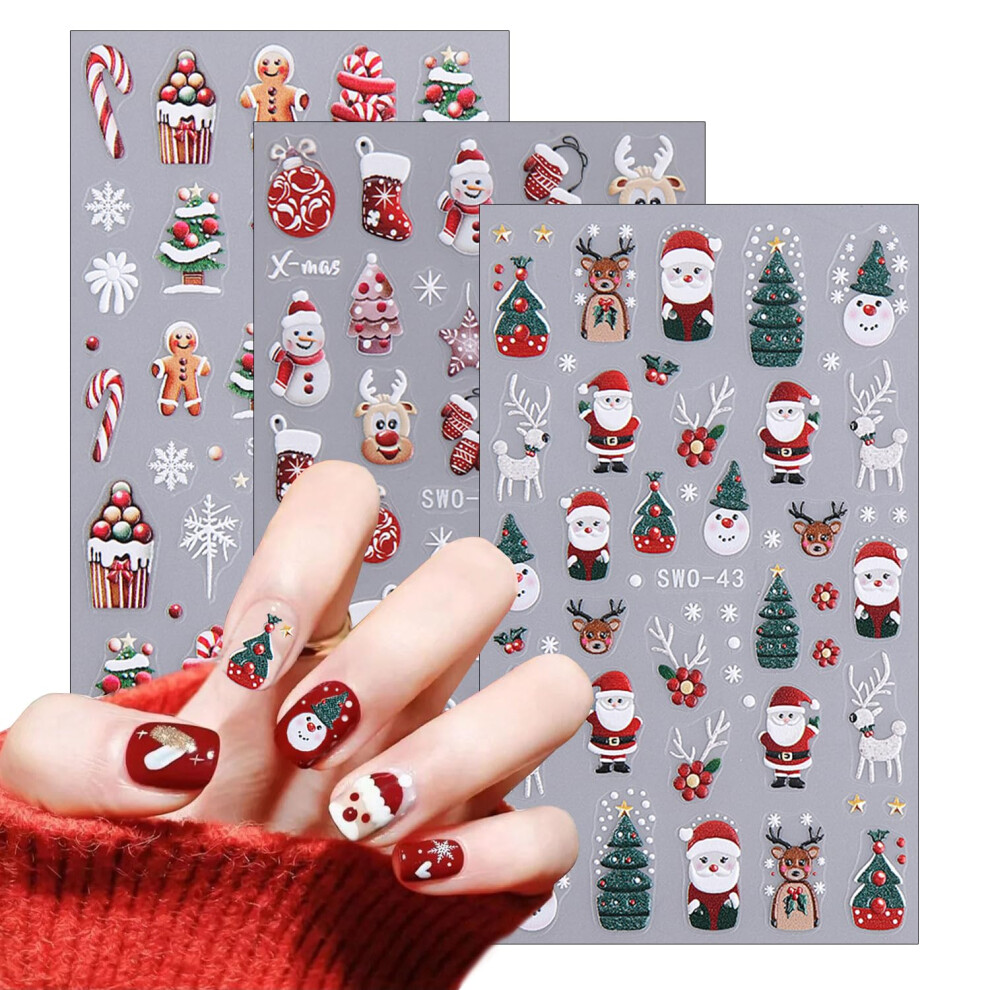 5D Embossed Christmas Nail Stickers with Santa Snowman Tree Patterns, SelfAdhesive Festive Nail Art