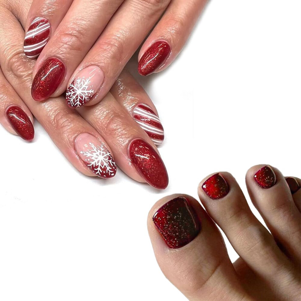 Red 48Pcs Christmas Glitter Press On Nails Set With Matching Snowflake Fingernails And Toenails
