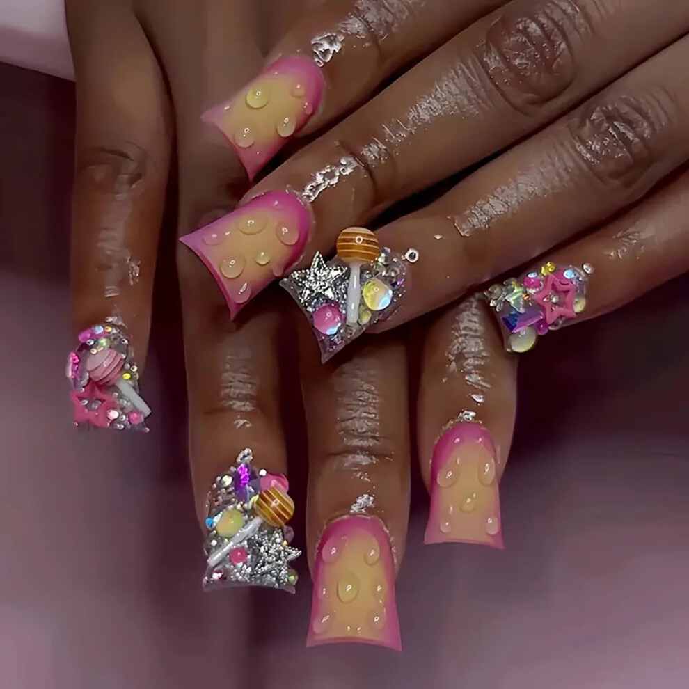 Pink Gradient Duck Shape Press On Nails With Rhinestones, Reusable Acrylic False Nails Set 24Pcs