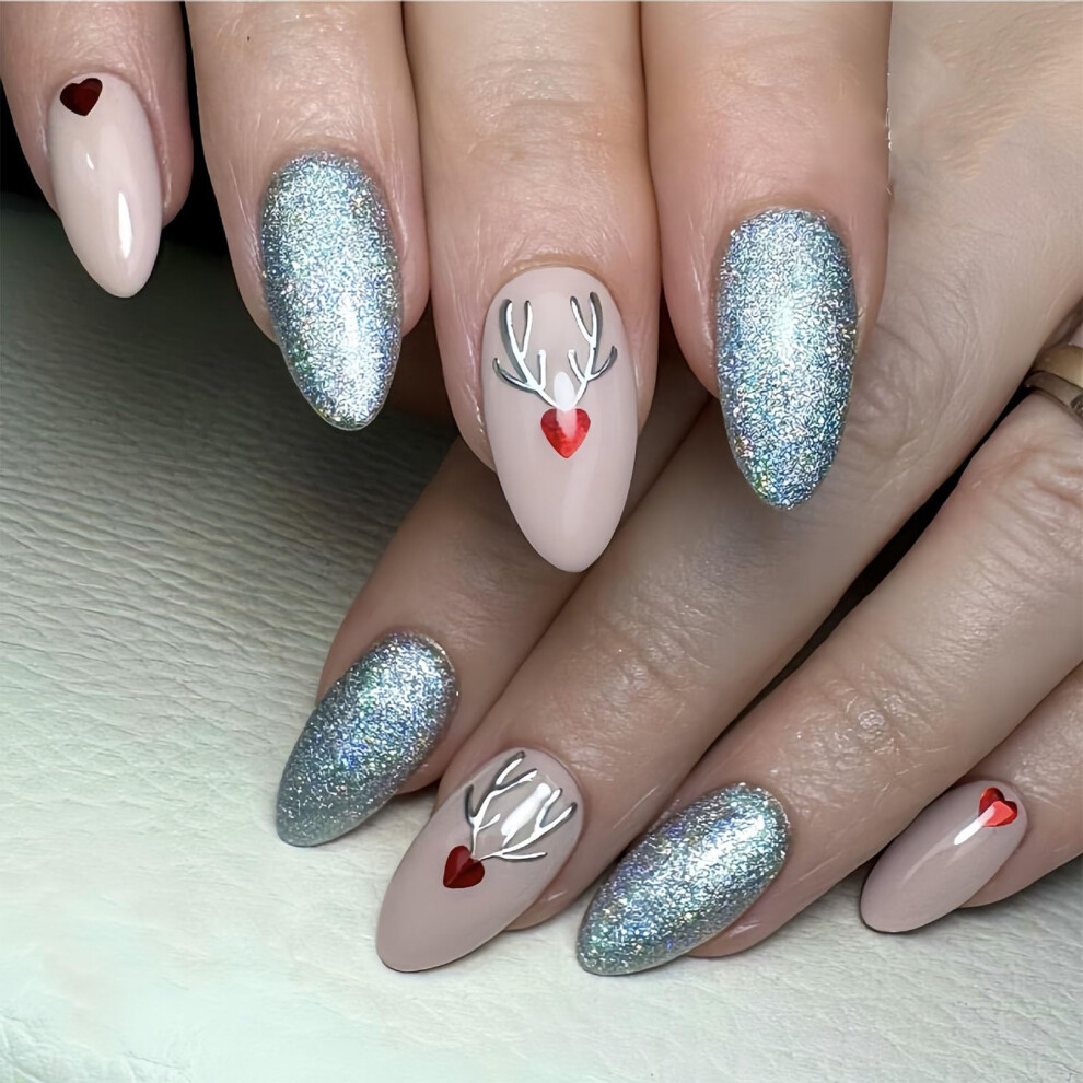 Christmas Press On Nails Almond Shape with Heart Elk and Glitter Reusable Acrylic Fake Nails 24Pcs