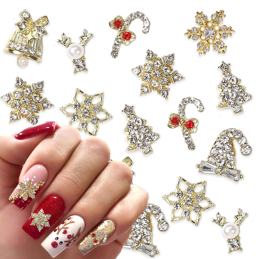 Gold/Silver 16Pcs Christmas Nail Charms With Rhinestones, 3D And Snowflake Nail Art Decorations
