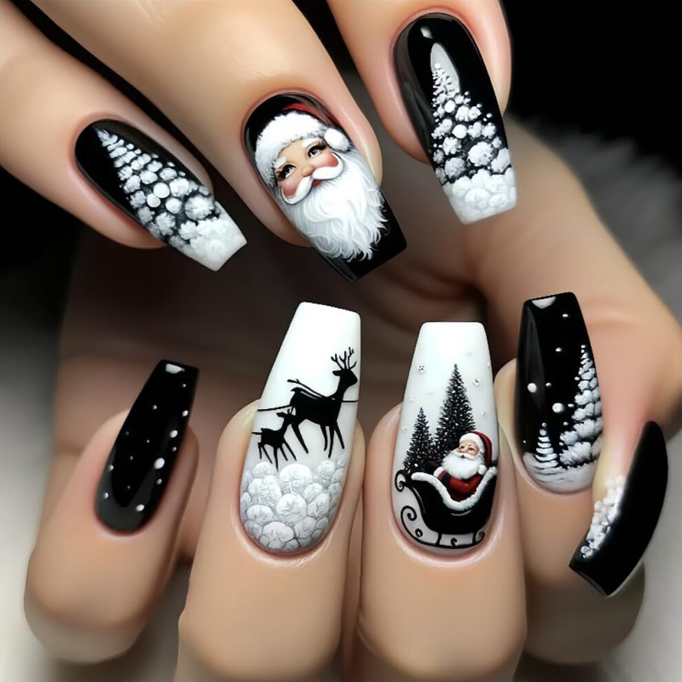 Christmas Coffin Press On Nails Set 24pcs Acrylic Fake Nails with Santa Claus Elk Design Medium Length