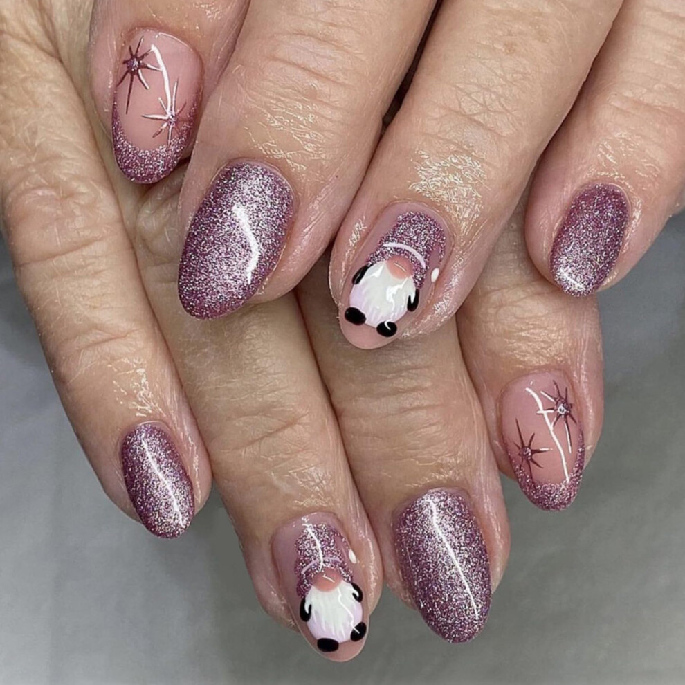 Christmas Press on Nails Almond Shape, French Tip Fake Nails with Snowflake Glitter Design
