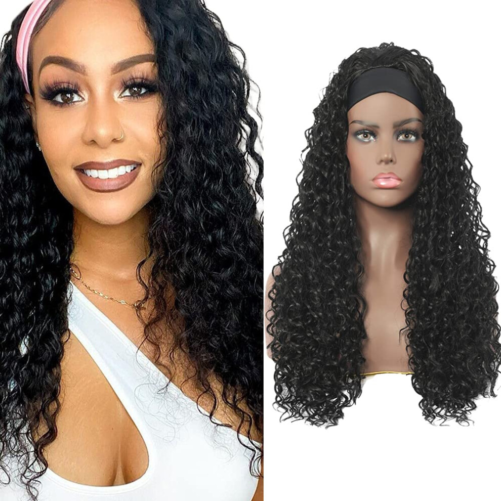Unisex Black Headband Wig Kinky Curly Brazilian Virgin Remy Human Hair 150% Density 14 Inch For Women