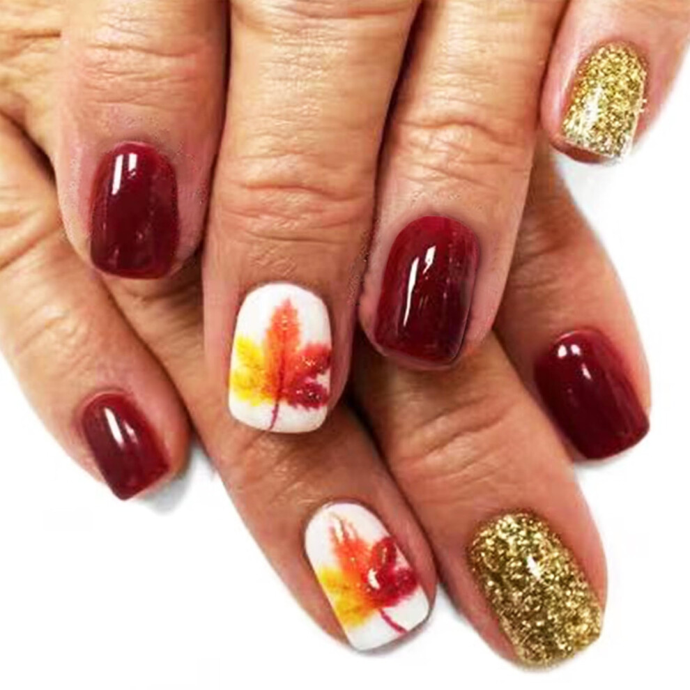 Short Square Press On Nails with Glitter Maple Leaf Design, 24pcs Reusable Thanksgiving Nail Kit