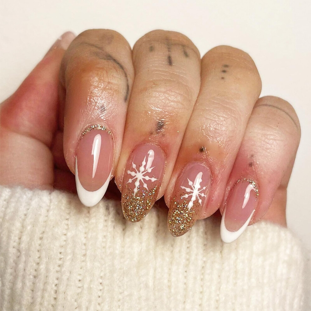White Christmas Snowflake Press On Nails French Tips Silver Glitter Almond Shape Fake Nails 24Pcs
