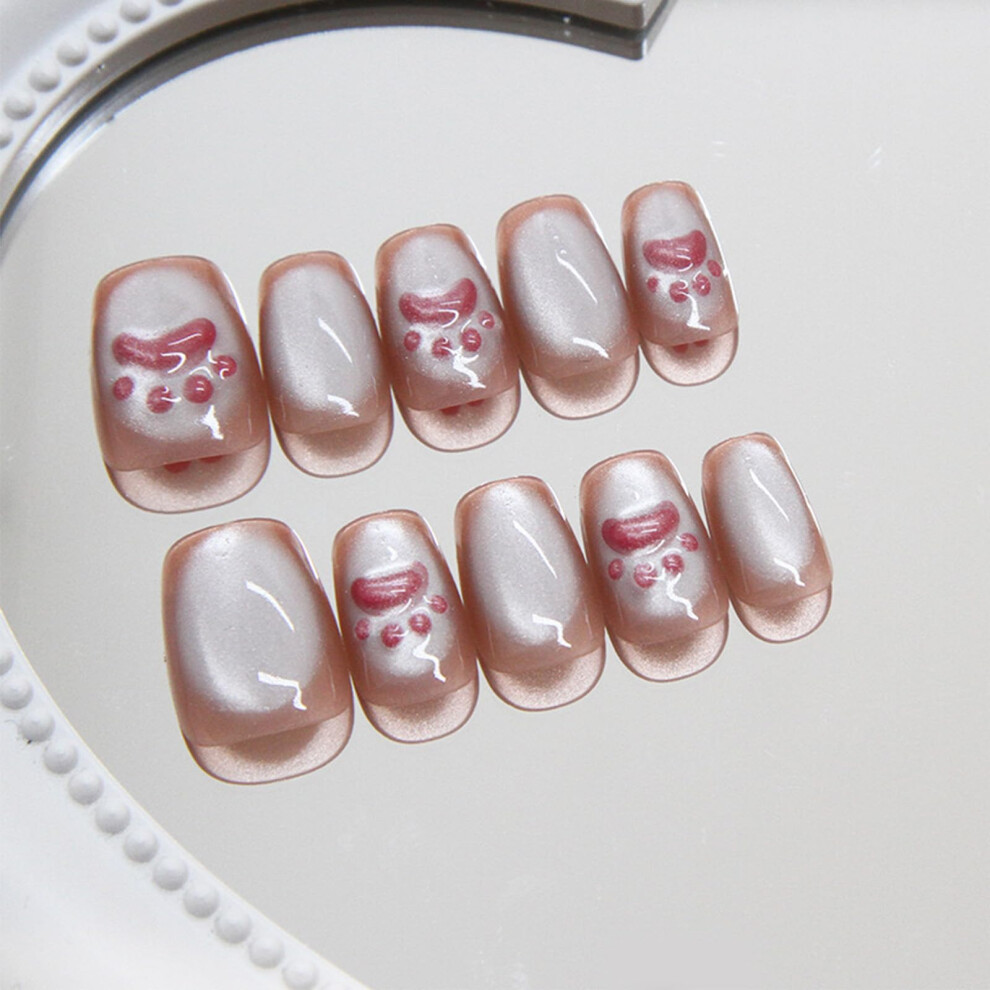 Pink Cat Eye Press On Nails With 3D Cat Paw Design, Short Square Glossy Fake Nails, 30Pcs