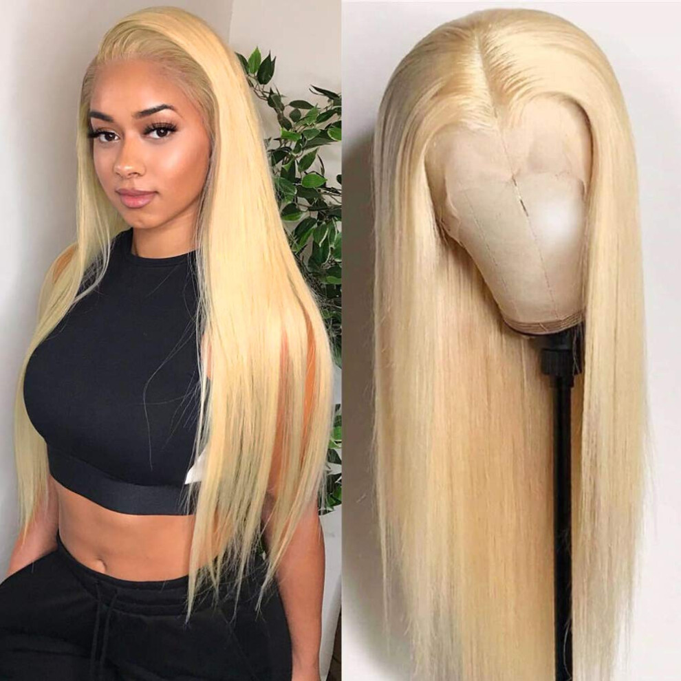 Unisex 613 Blonde Human Hair Lace Front Wig Brazilian Straight 13X4 Pre Plucked 150% Density 10Inch
